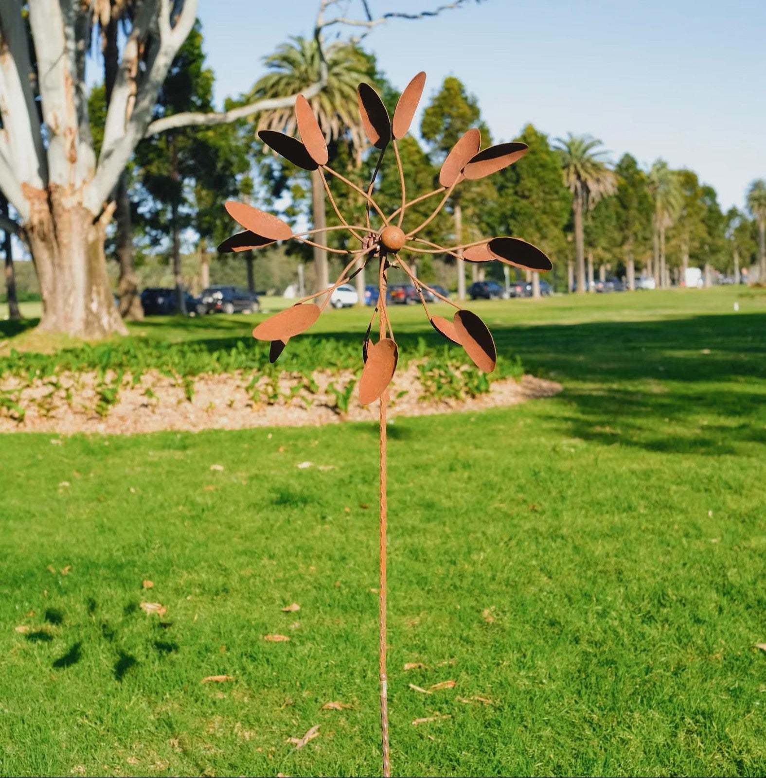 67“H Rusty Metal Flower Wind Spinner | Handmade Garden Sculpture | Weathered