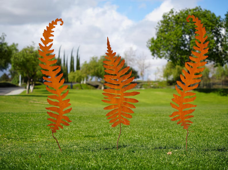 60" Corten Steel Fern Sculptures Rustic Garden Stakes Set of 3, Patina Metal Art