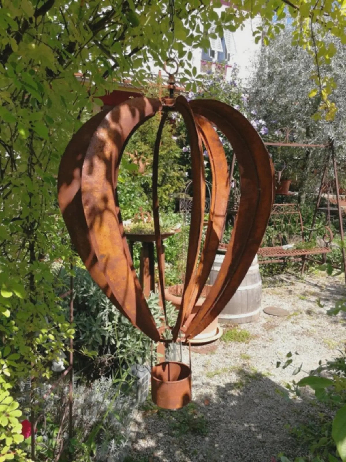 Rusty Metal Hot Air Balloon Wind Spinner: Hanging Garden Sculpture