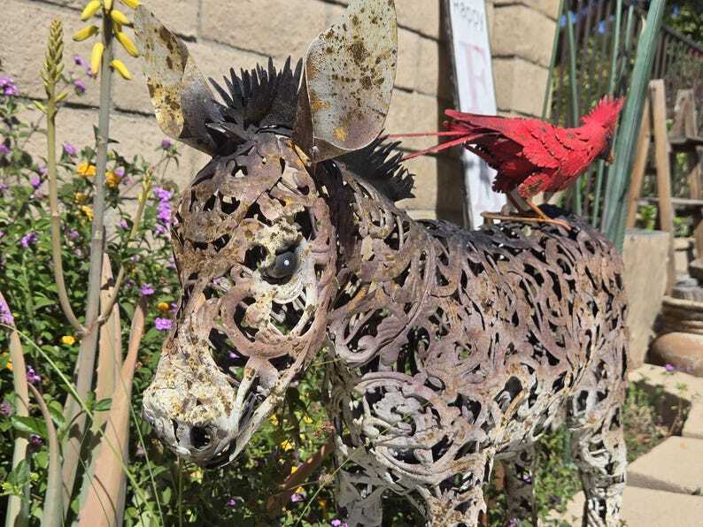 Cute Metal Donkey Statue Filigree Style Large Art Sculpture Rustic Lawn Animal