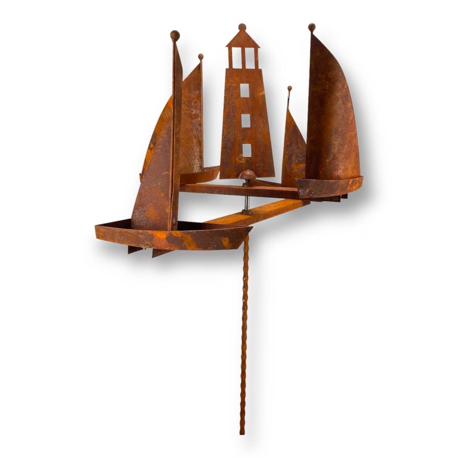Metal Garden Rusty Large Lighthouse & Sailboats Wind Spinner – Sailboat Stake