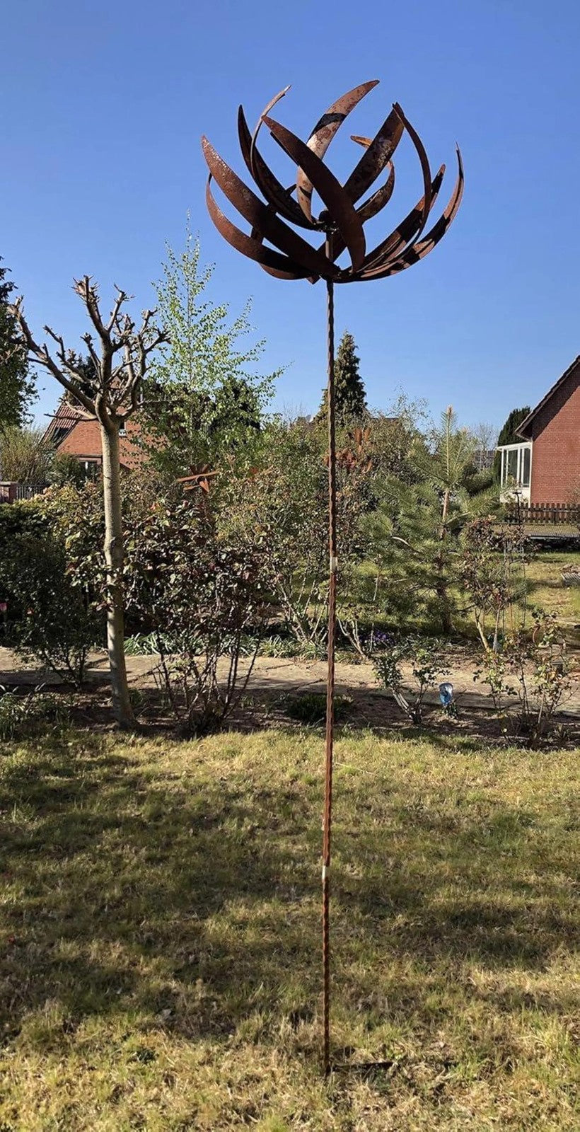 87“ H Rusty Metal Lotus Wind Spinner | Handmade Iron Garden Sculpture | Weathere