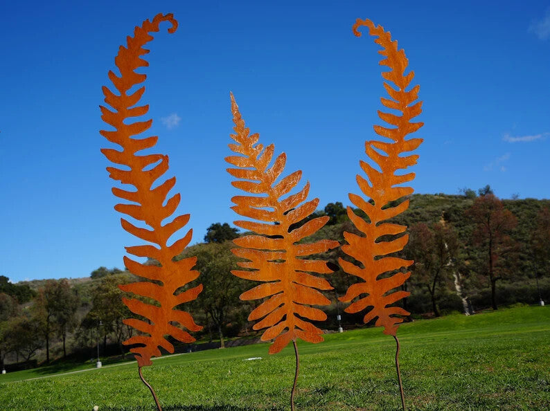 60" Corten Steel Fern Sculptures Rustic Garden Stakes Set of 3, Patina Metal Art