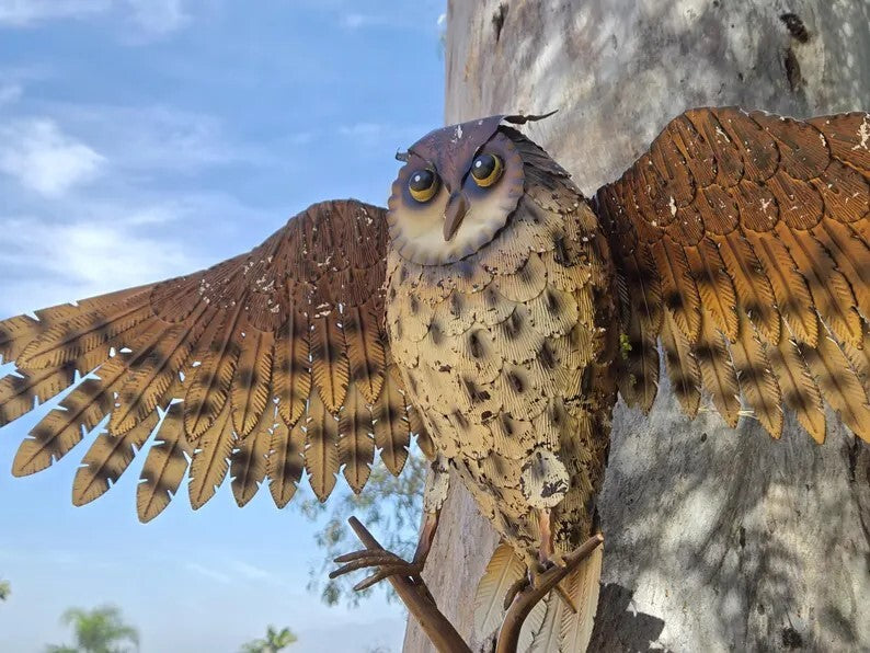Handcrafted Metal Owl Garden Sculpture with Outstretched Wings - Rustic Yard Art