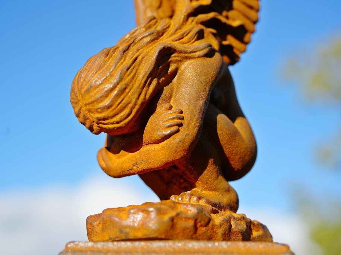 Cast Iron Redemption Angel Statue - Handcrafted Rustic Metal Mythical Sculpture