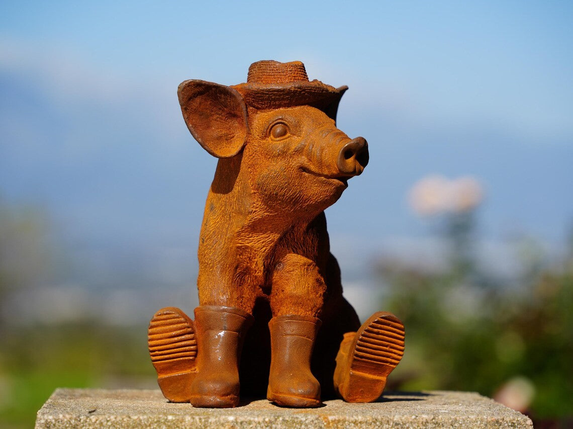 Cowboy Pig Duo with Rain Boots and Straw Hats, Whimsical Garden Animal Pig Decor