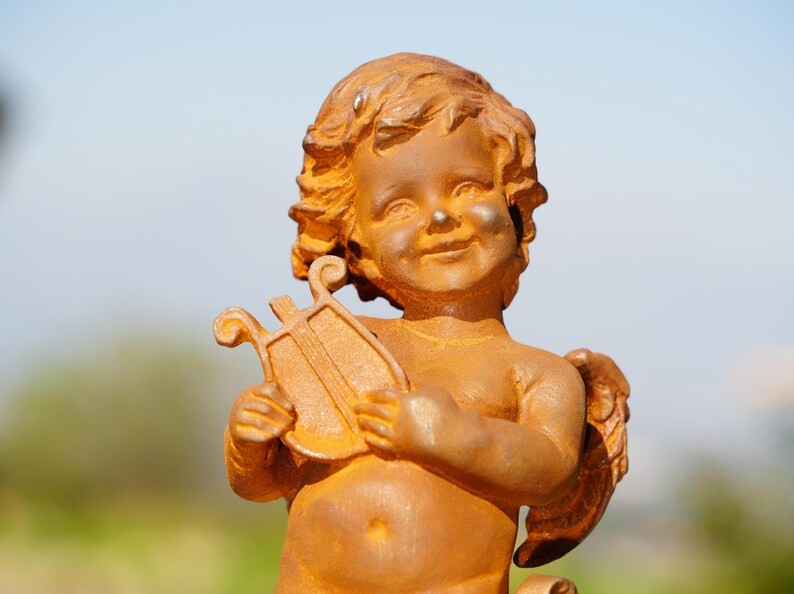 Metal Cast Iron Cherub Angel Statues – Musical Garden Sculptures Playing Violin