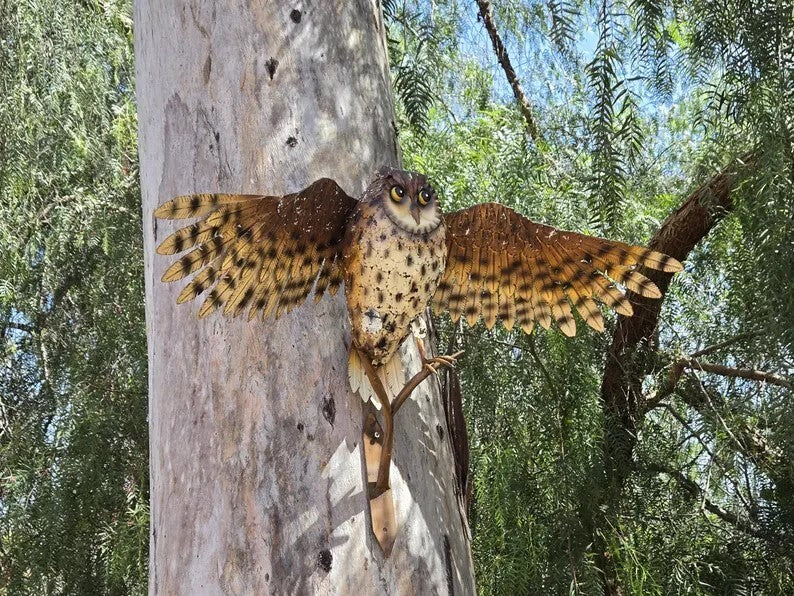 Handcrafted Metal Owl Garden Sculpture with Outstretched Wings - Rustic Yard Art