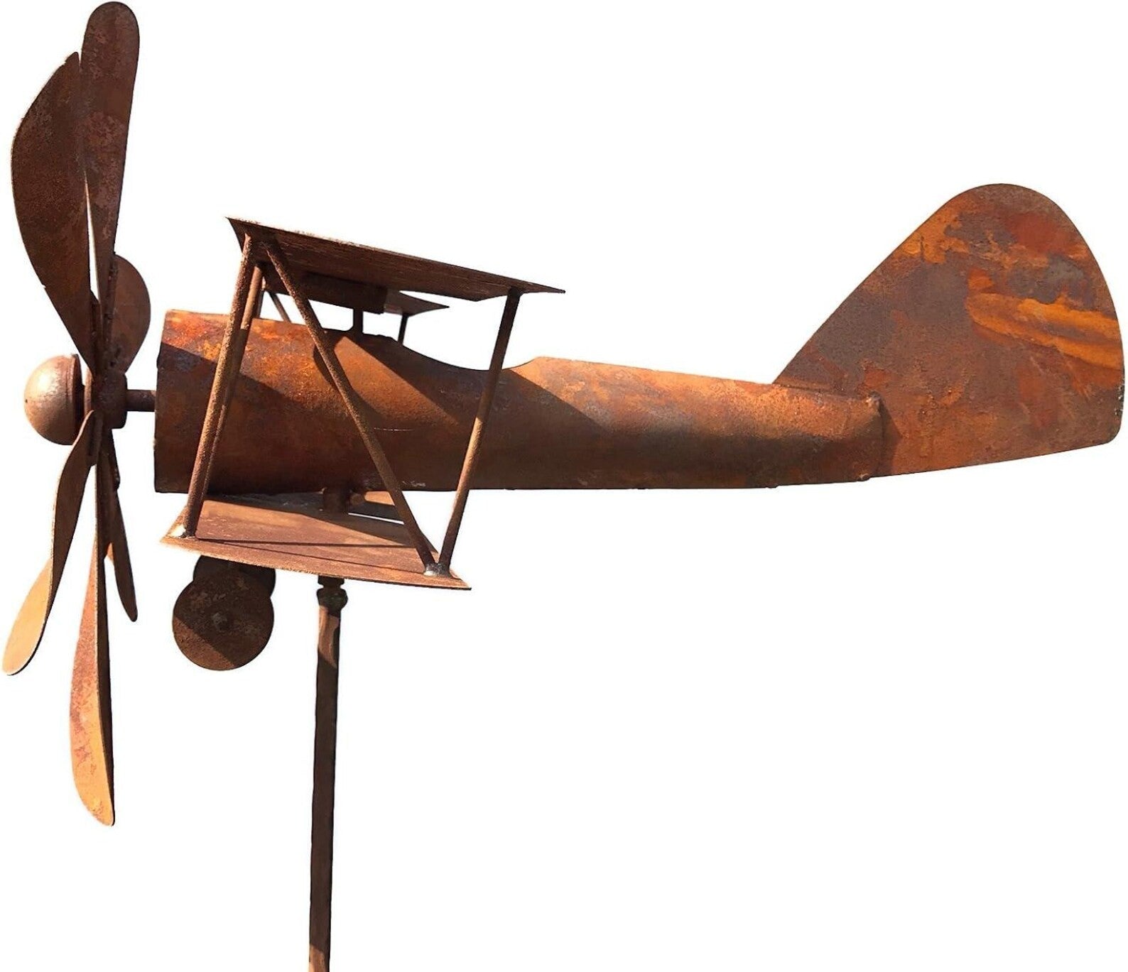 Rusty Metal Biplane Wind Spinner – Vintage Airplane Garden Art Sculpture