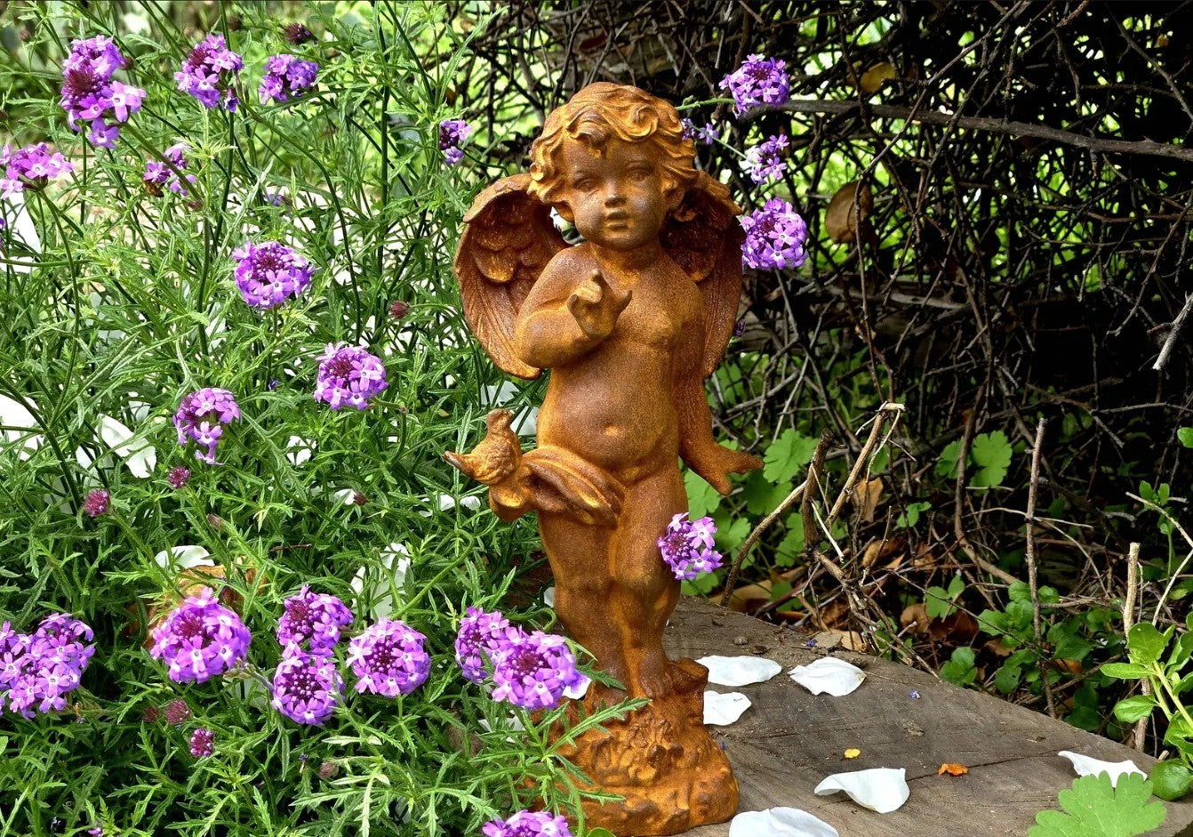 Vintage Cast Iron Cherub Statue Renaissance Garden Sculpture Rustic Outdoor Art