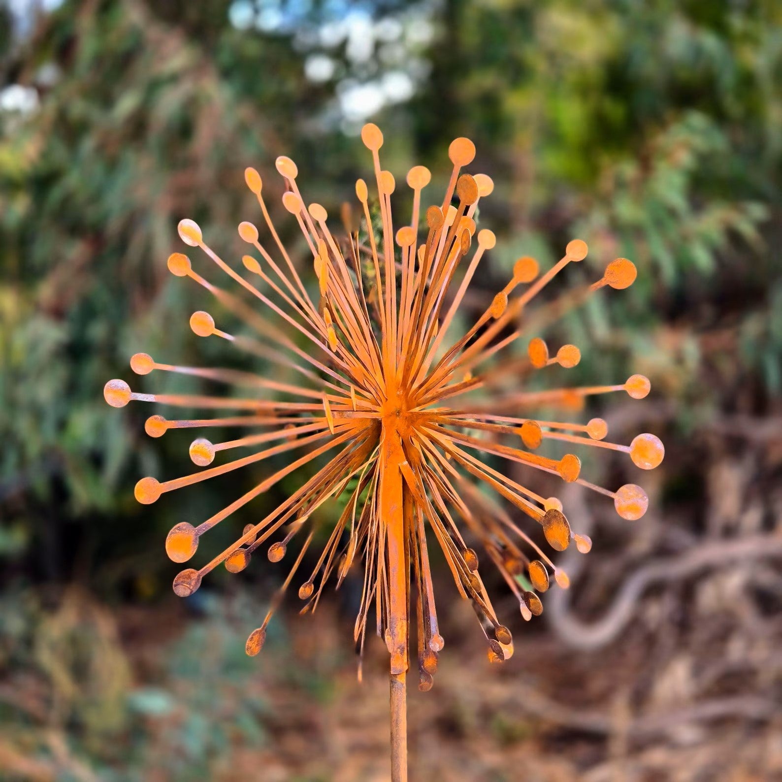 Set of 4 Rusty Metal Dandelion Garden Stake 3D Hand-Welded Design