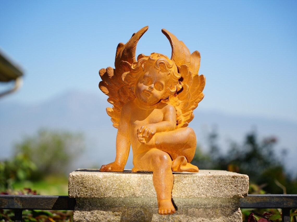 Metal Angel Statue – Rustic Cast Iron Cherub Sculpture for Garden Decor Outdoor