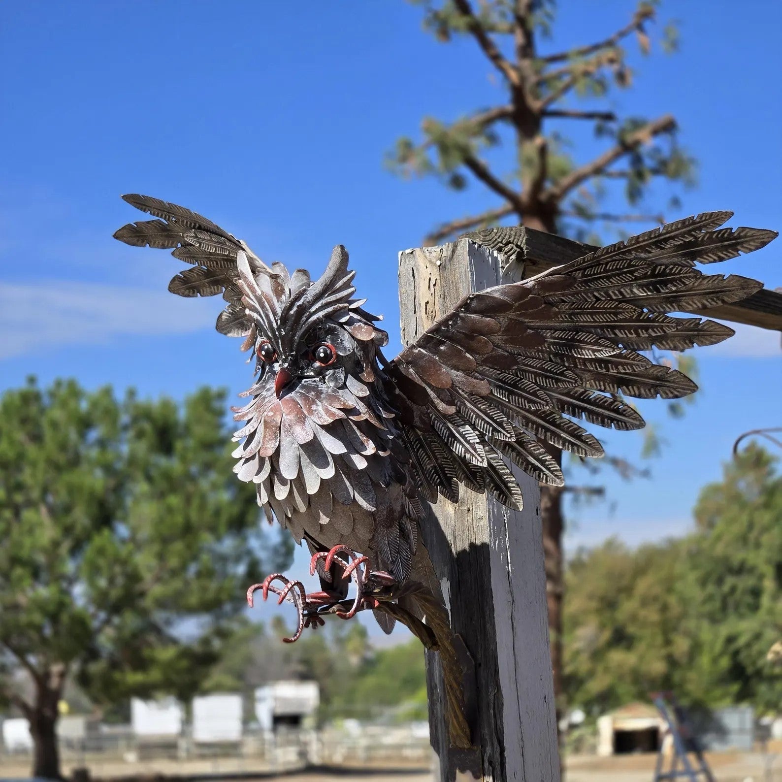 Rustic Metal Owl Sculpture Handcrafted Garden Art with Outstretched Wings Yarn