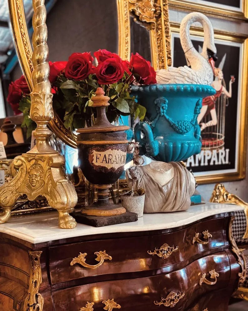 22"H Vintage Blue Cast Iron Urn Planter with Handles - Antique Style Flower Pot