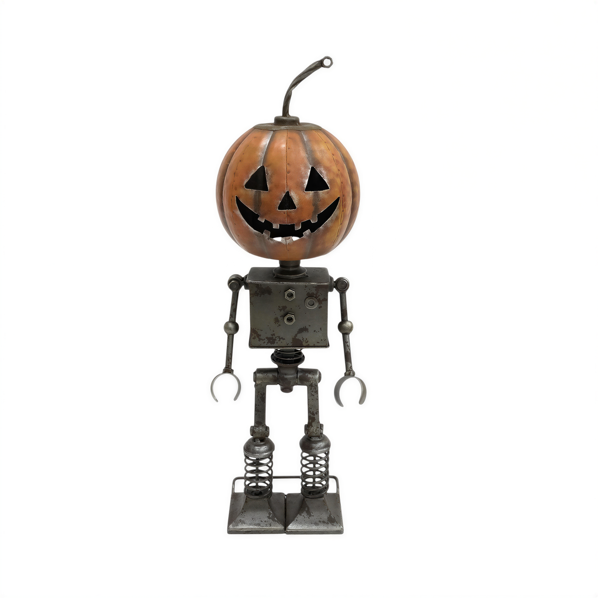 A Halloween-themed metal pumpkin robot sculpture with a carved pumpkin head and a spooky expression.