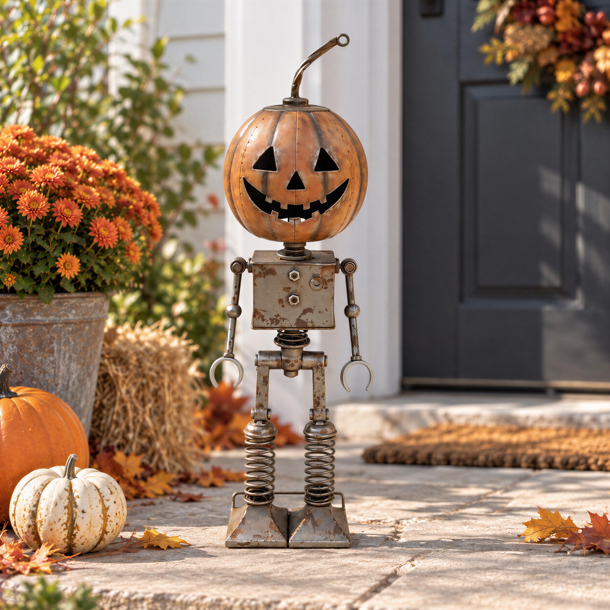 A Halloween-themed robot decoration stands on a porch, surrounded by pumpkins, gourds, and autumn leaves.