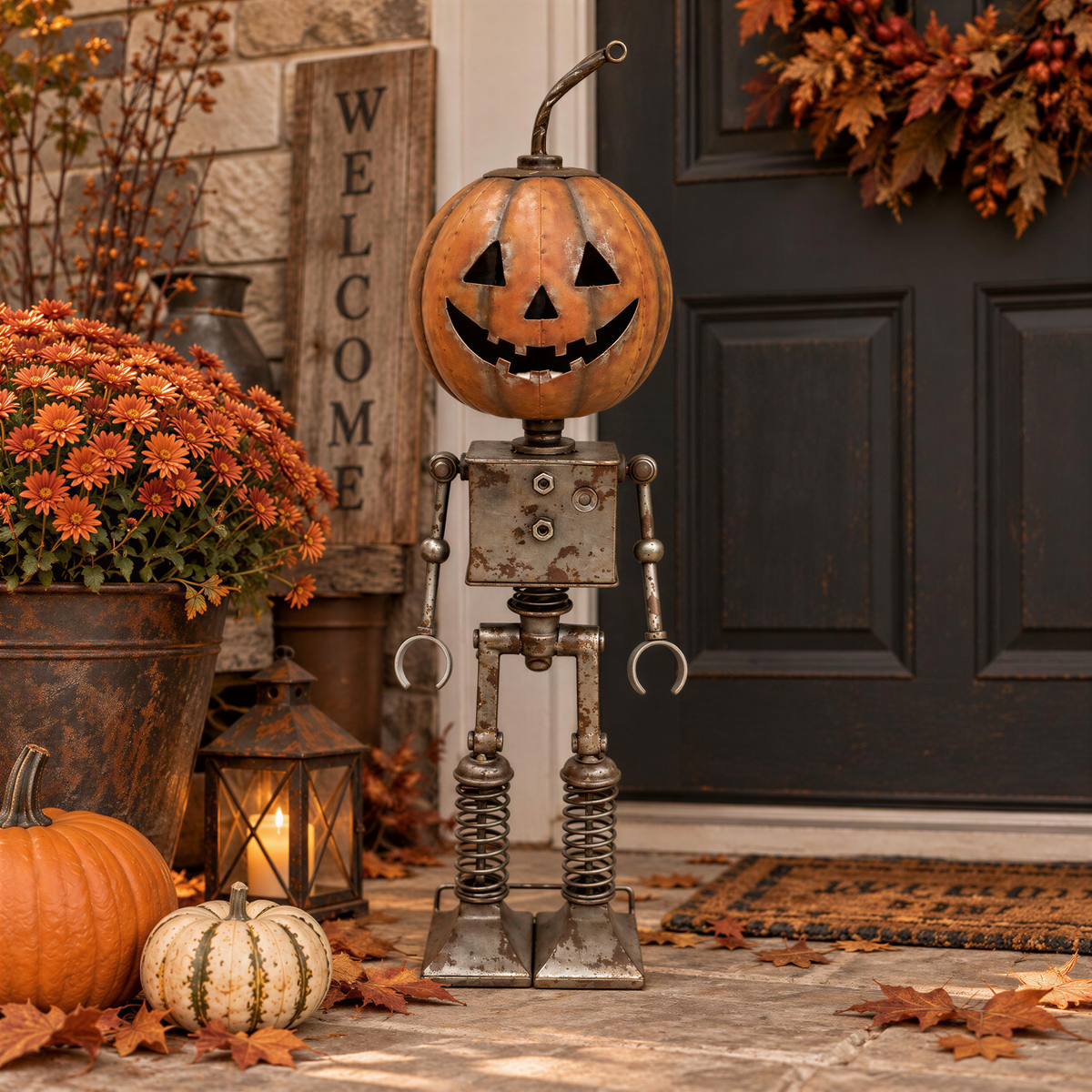 A Halloween-themed robot decoration stands on a porch, surrounded by autumn decorations such as pumpkins, gourds, and a wreath.