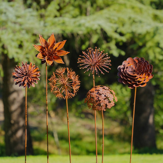 Rusted Metal Flower Garden Art Stakes, Handcrafted Yard Decor