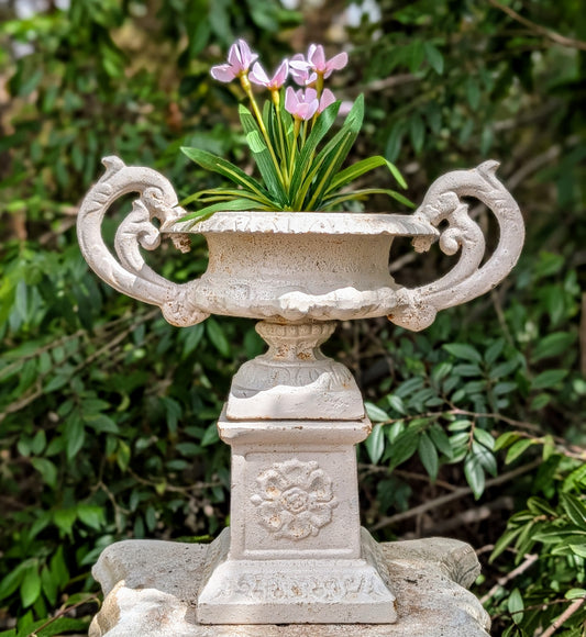 Vintage Cast Iron Urn Planter with Base & Handles