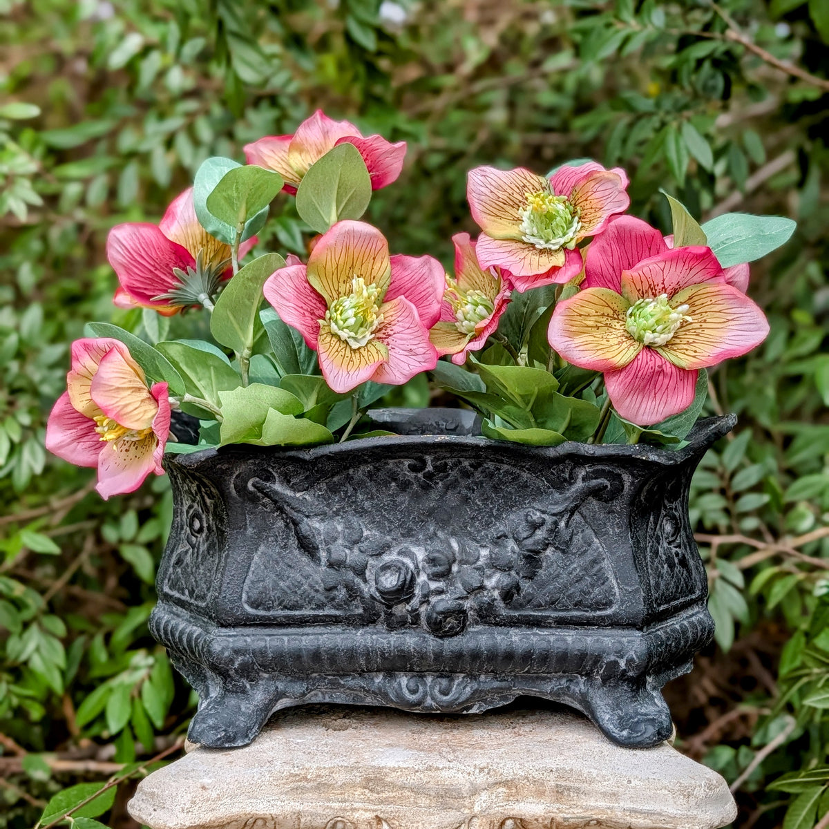 Vintage Cast Iron Rectangular Planter with Floral Relief