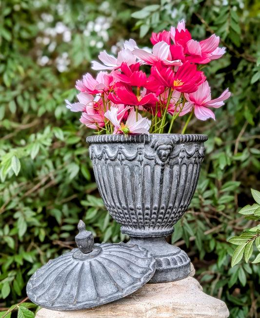 Vintage Cast Iron Lidded Garden Urn with Classical Garland Detail