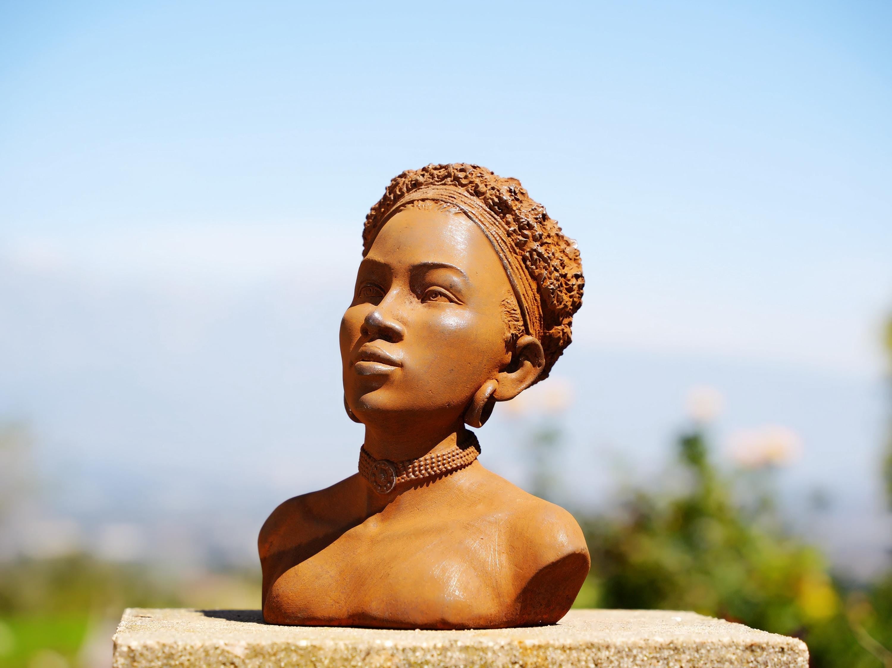 Handmade Cast Iron African Woman Bust: Boho Garden Decor