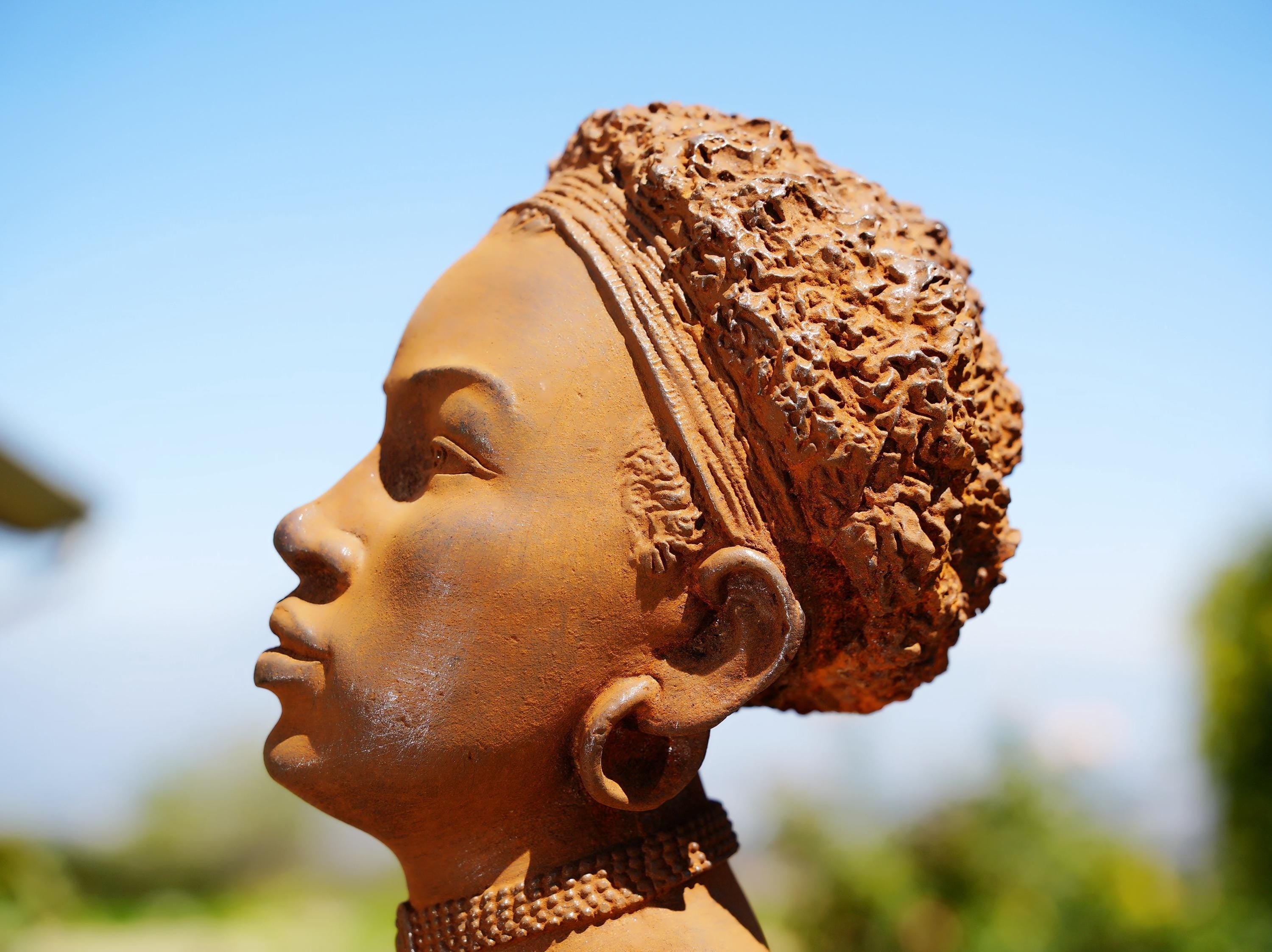 Handmade Cast Iron African Woman Bust: Boho Garden Decor