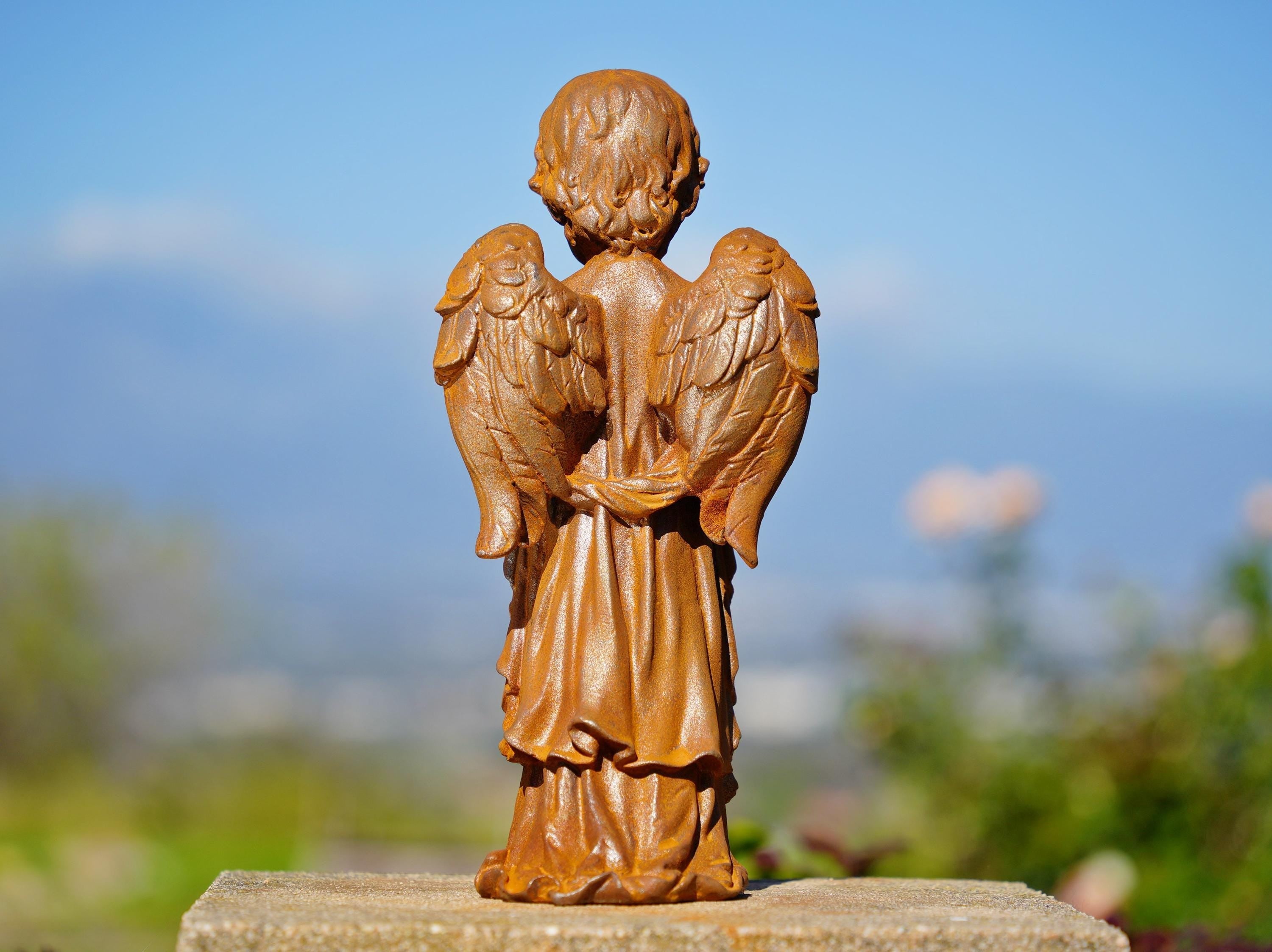 Cast Iron Praying Angel Statue: Rustic Garden Decor