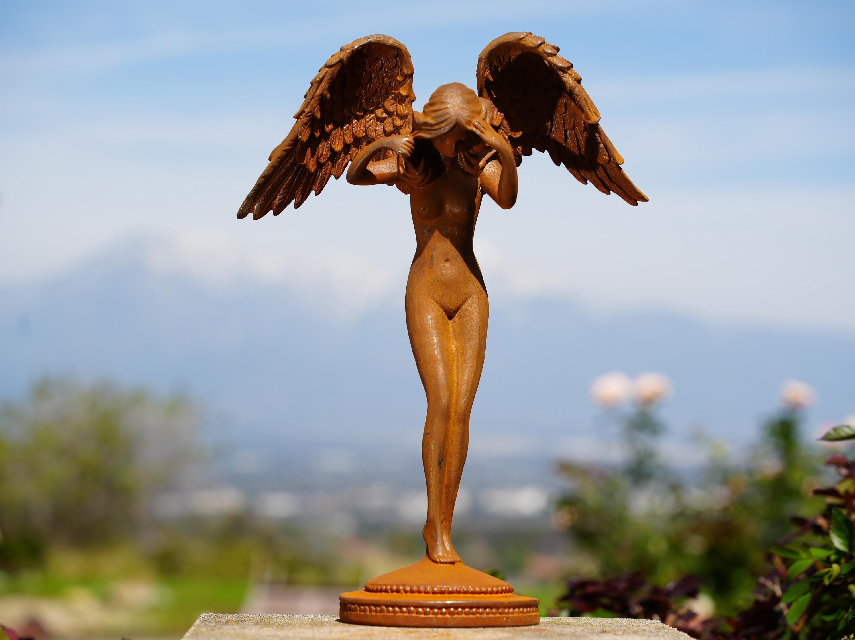 Metal Cast Iron Veiled Angel Statue - Heavy Vintage Sculpture for Garden or Memorial Space |