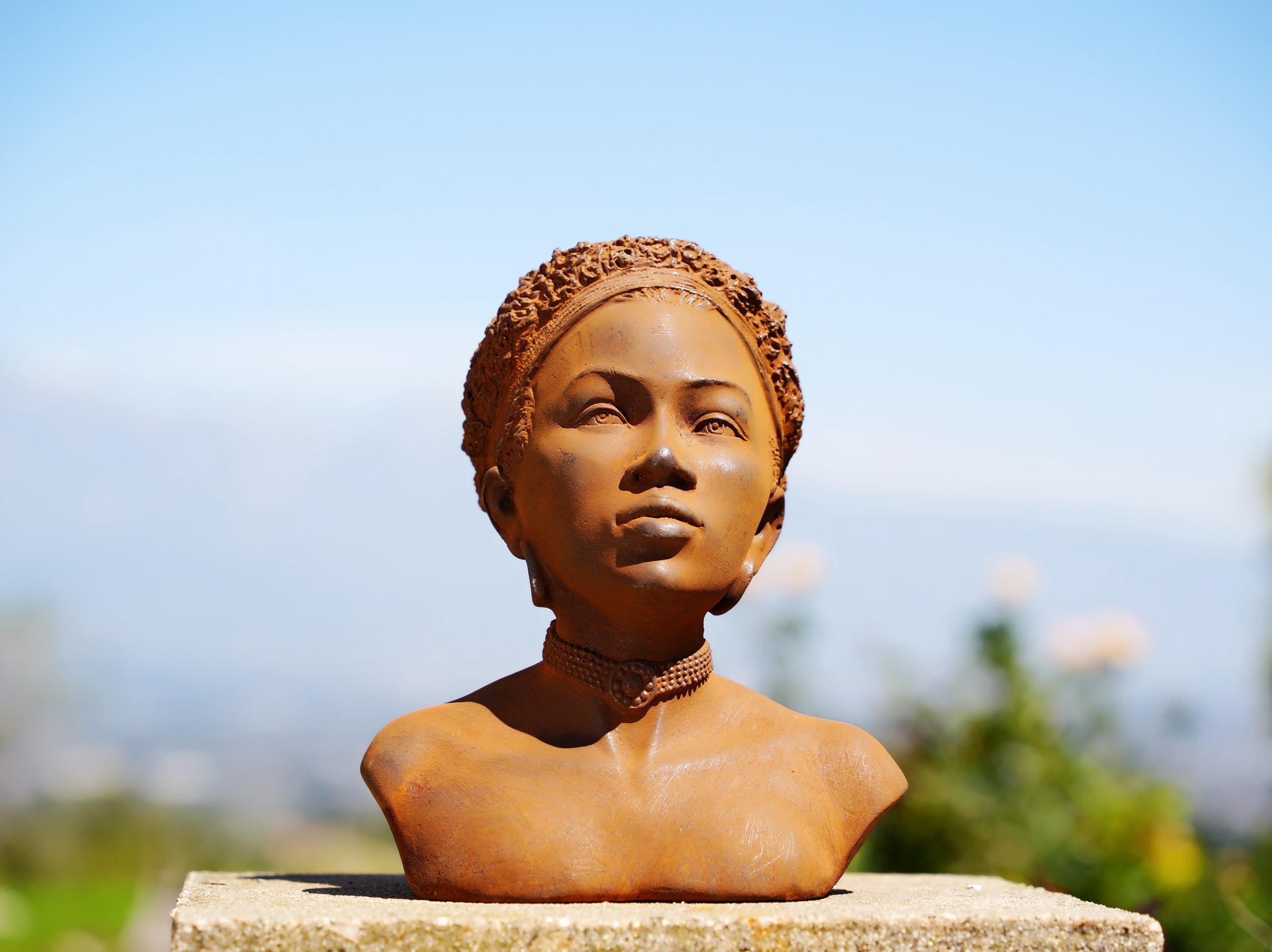 Handmade Cast Iron African Woman Bust: Boho Garden Decor