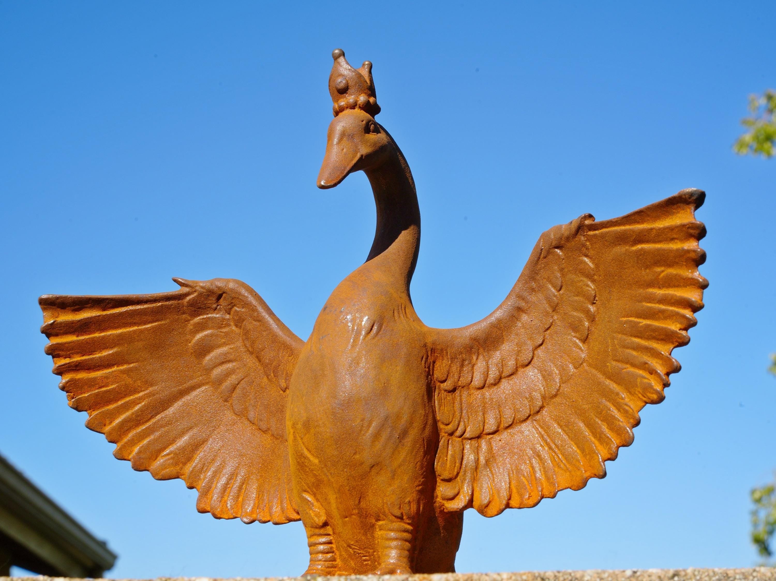 Cast Iron Crowned swan  Sculpture – Spreading Wings Garden Bird Statue, Whimsical Animal Decor
