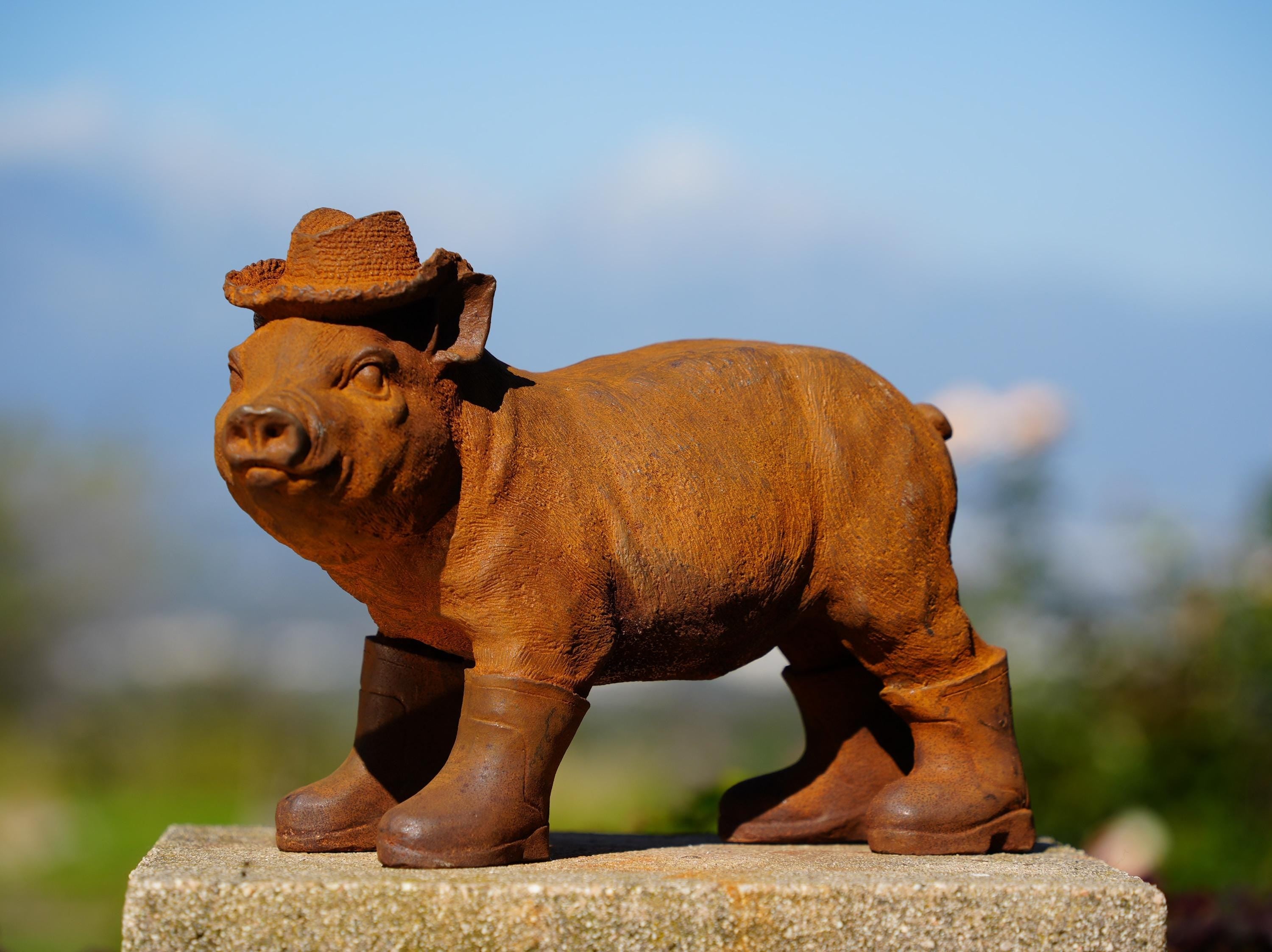 Cast Iron Pig Statues: Cowboy Garden Decor with Rain Boots