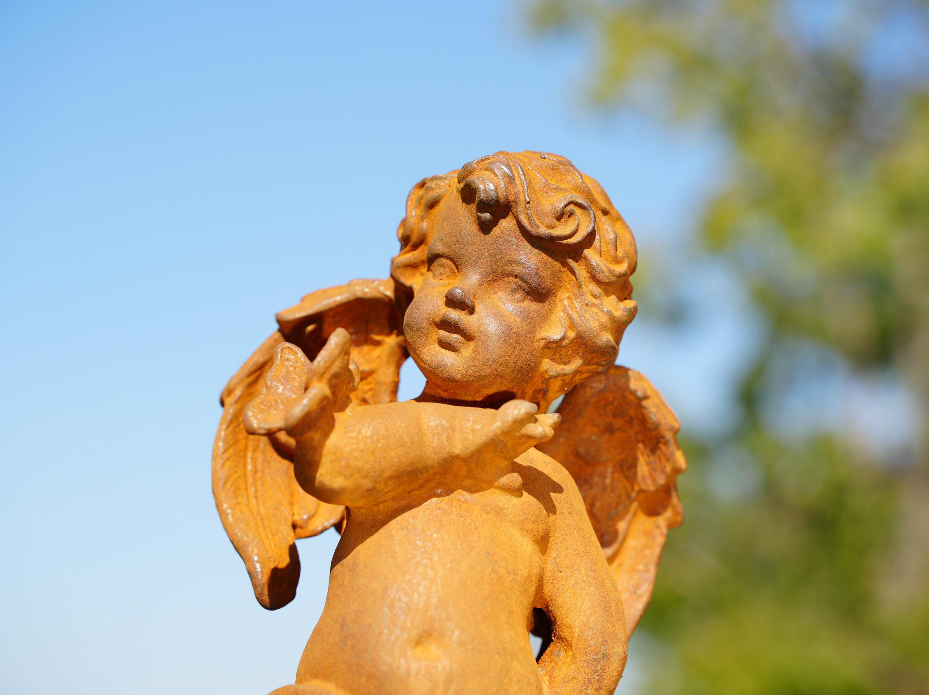 Cast Iron Cherub Angel Statues: Renaissance Garden Decor - Set of 2