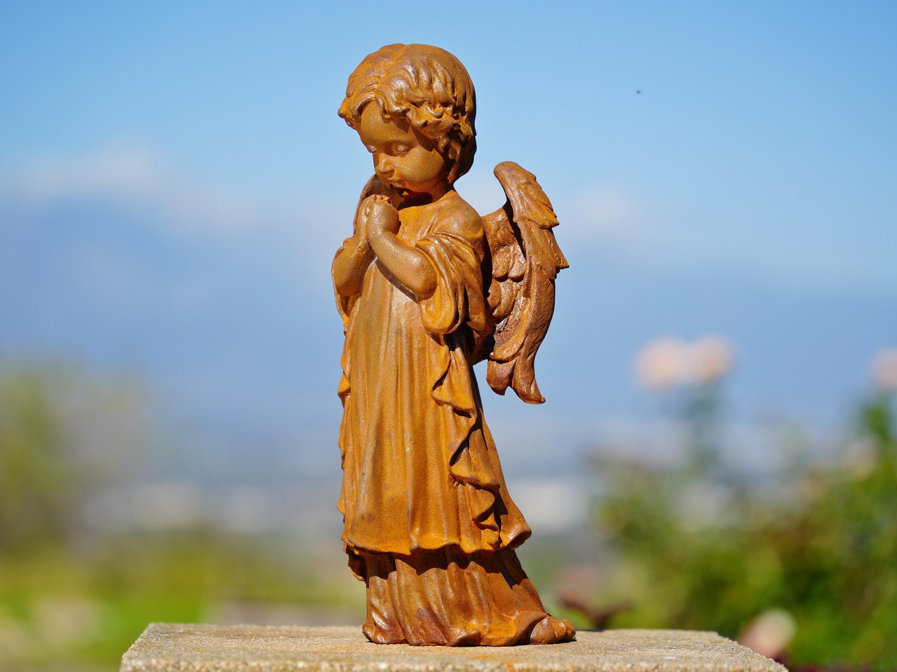 Cast Iron Praying Angel Statue: Rustic Garden Decor