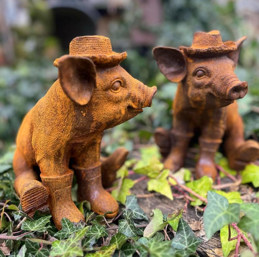 Cast Iron Pig Statues: Cowboy Garden Decor with Rain Boots