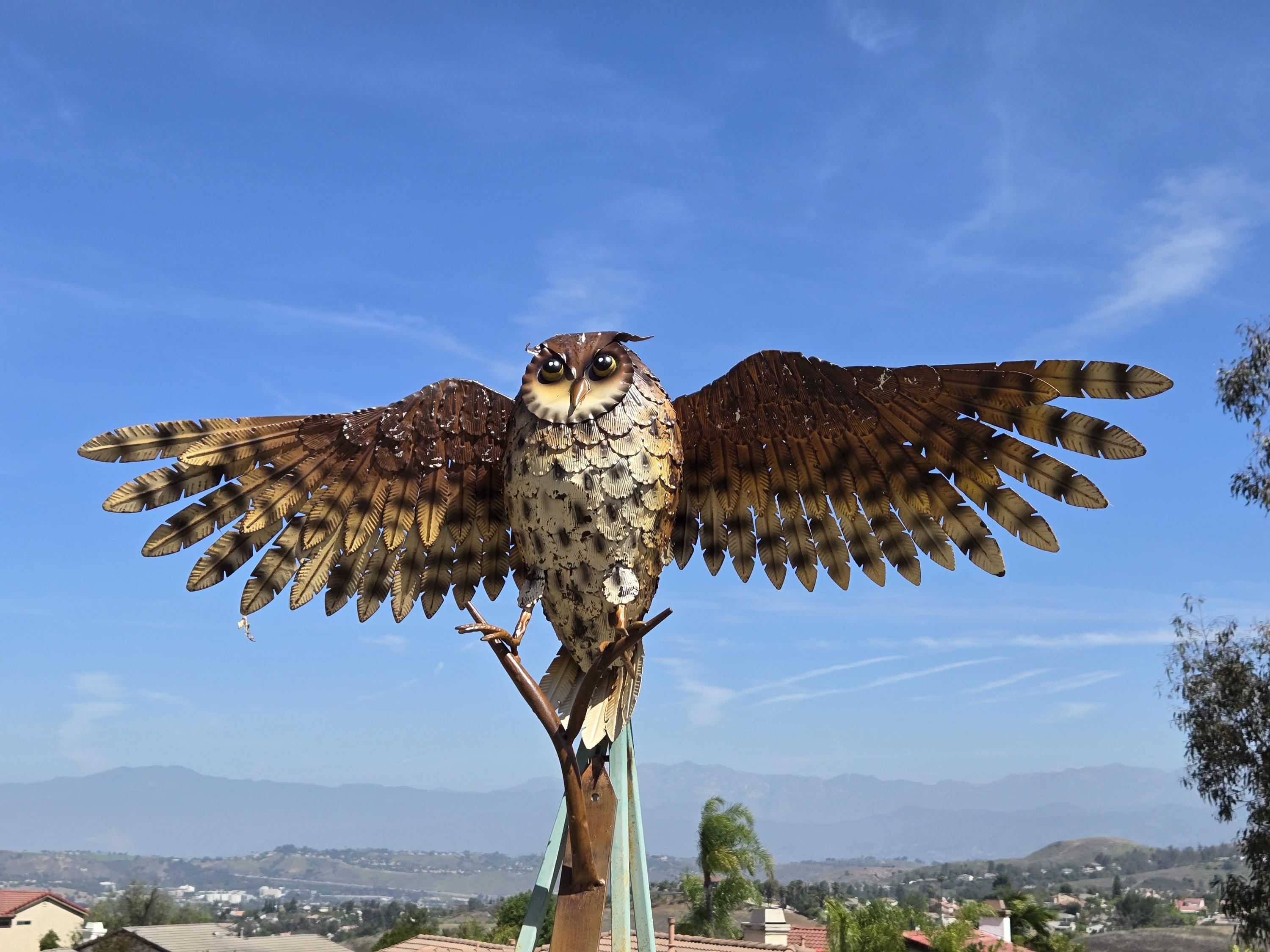 Handcrafted Metal Owl Garden Sculpture: Rustic Patina Finish, 36-Inch Wingspan