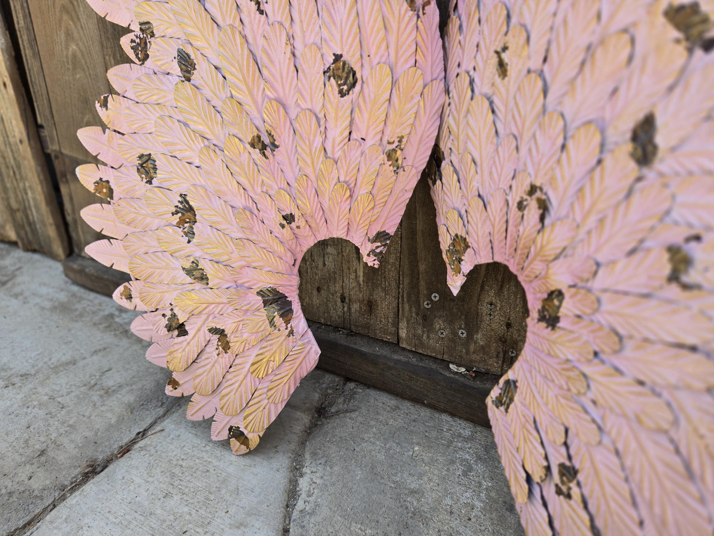 Pink Angel Wings Metal Wall Decor – Distressed Feather Sculpture for Garden Room