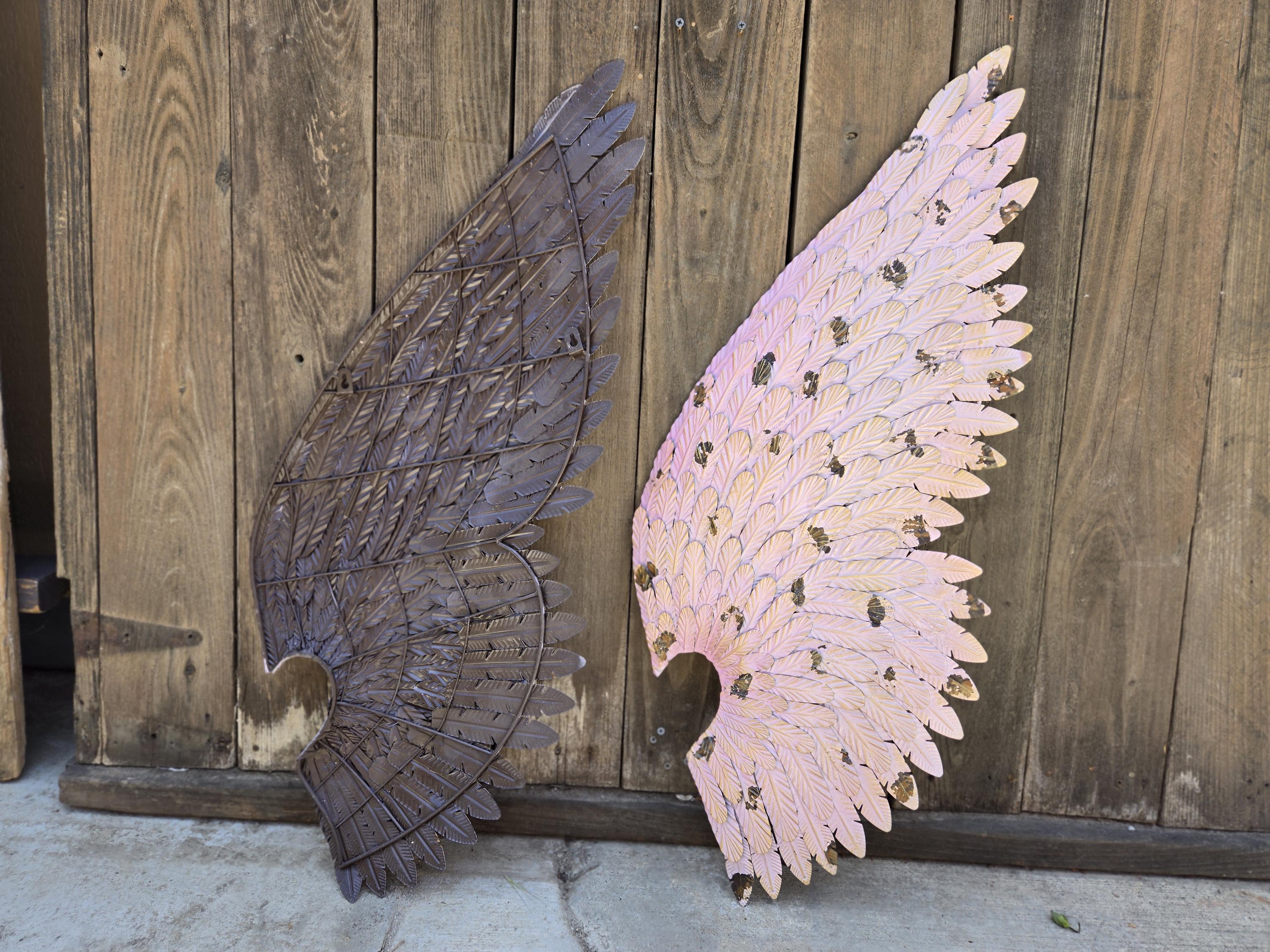 Pink Angel Wings Metal Wall Decor – Distressed Feather Sculpture for Garden Room