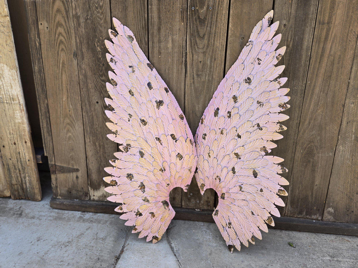 Pink Angel Wings Metal Wall Decor – Distressed Feather Sculpture for Garden Room