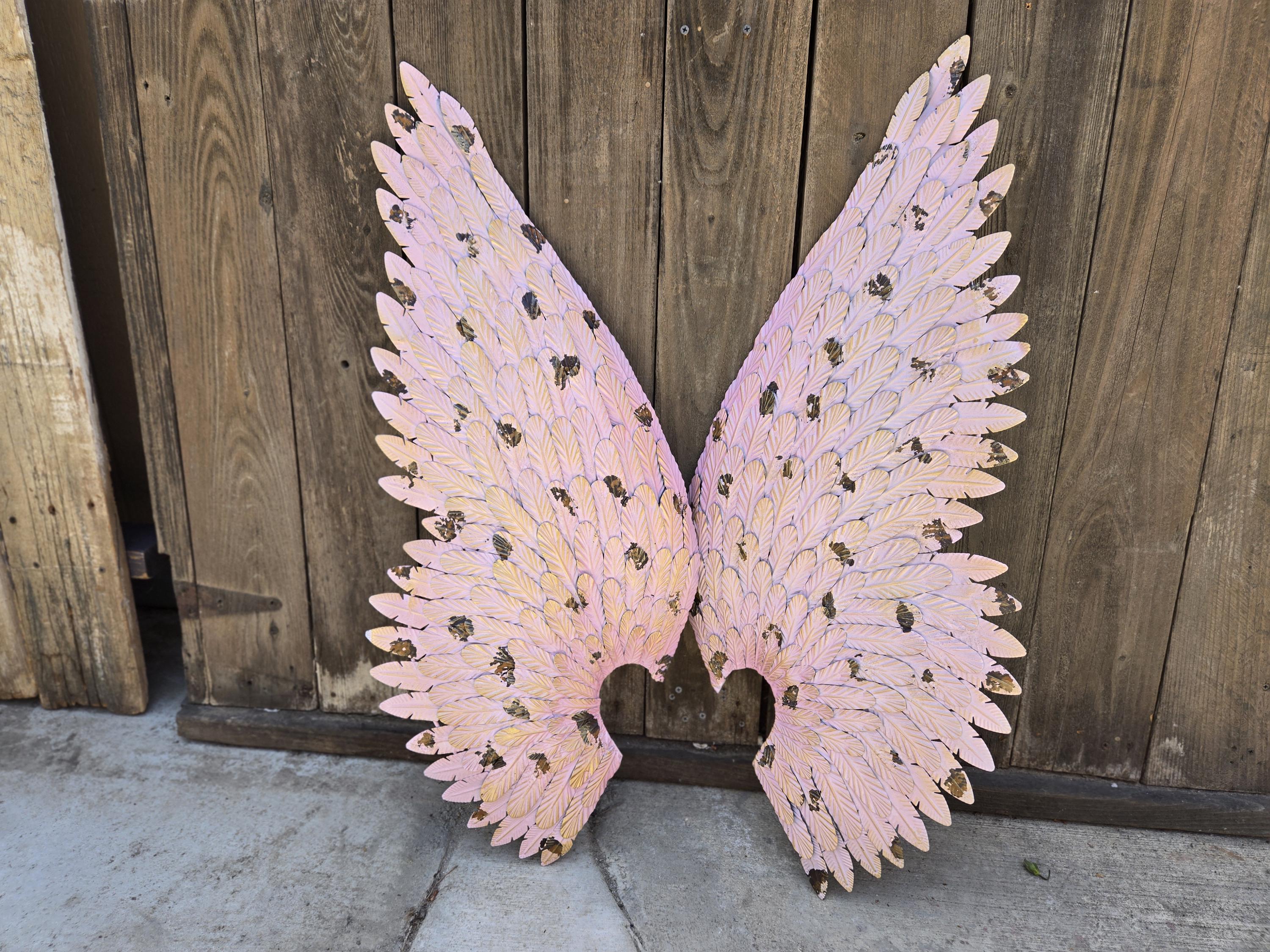 Pink Angel Wings Metal Wall Decor – Distressed Feather Sculpture for Garden Room