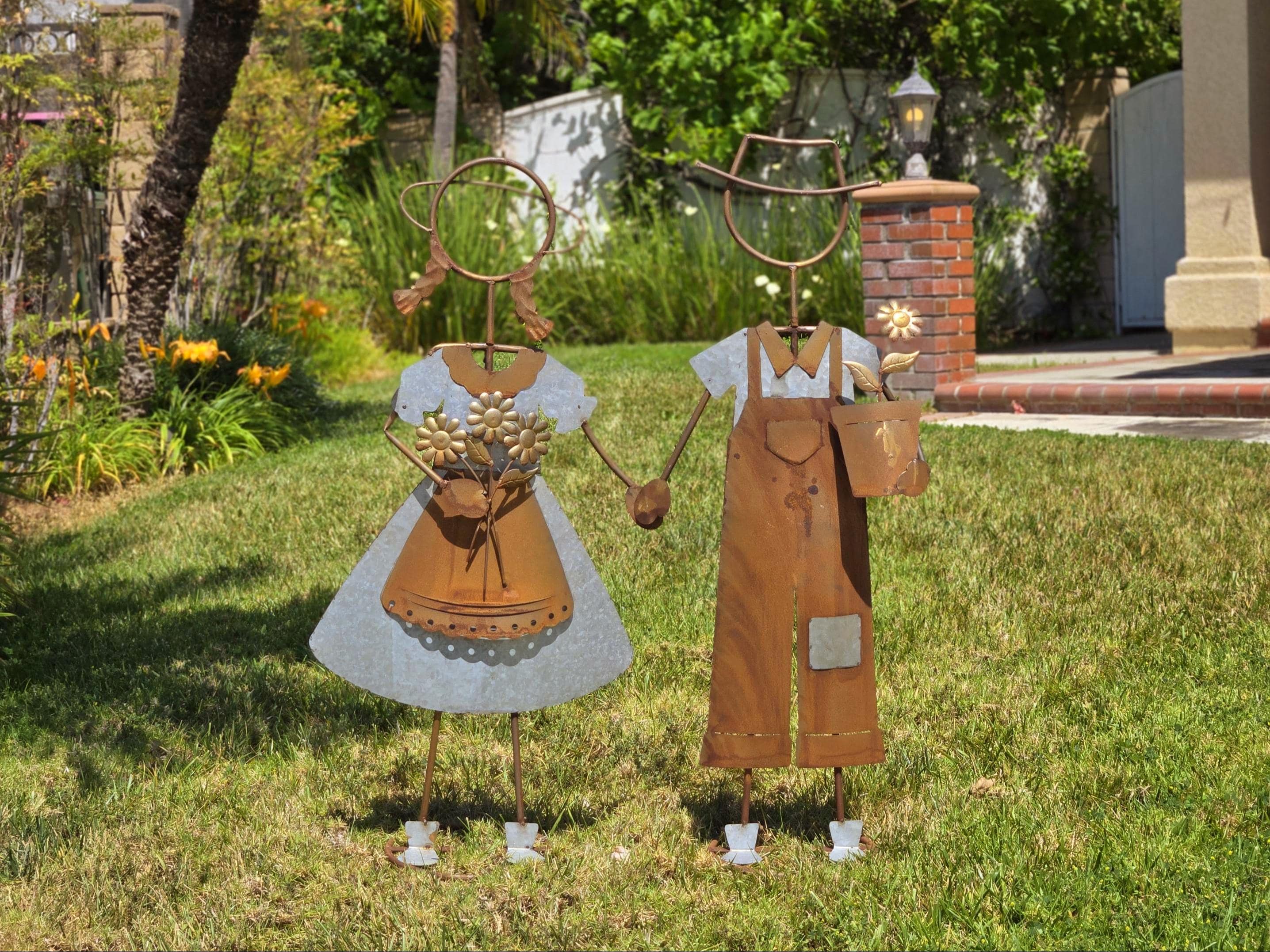 39" H Rustic Metal Garden Statues: Handcrafted Boy & Girl Sculpture Set