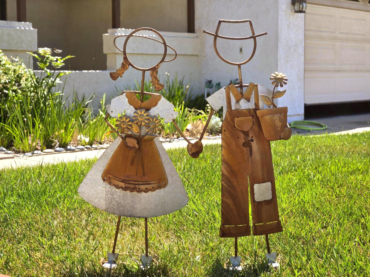 39" H Rustic Metal Garden Statues: Handcrafted Boy & Girl Sculpture Set