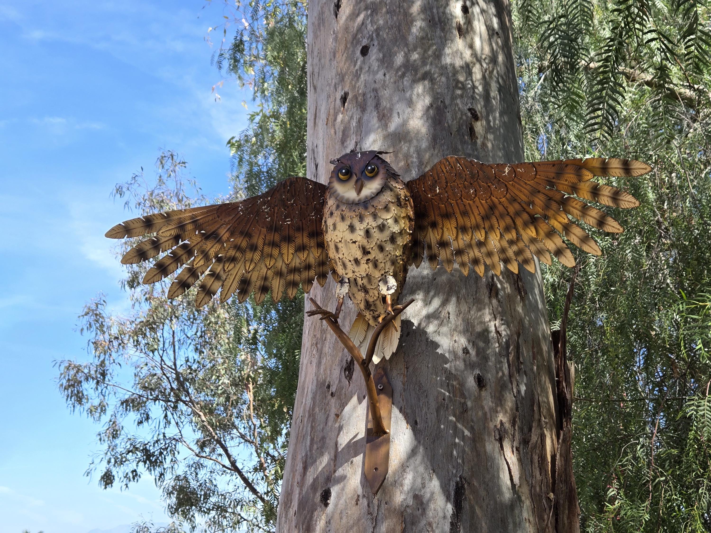 Handcrafted Metal Owl Garden Sculpture: Rustic Patina Finish, 36-Inch Wingspan