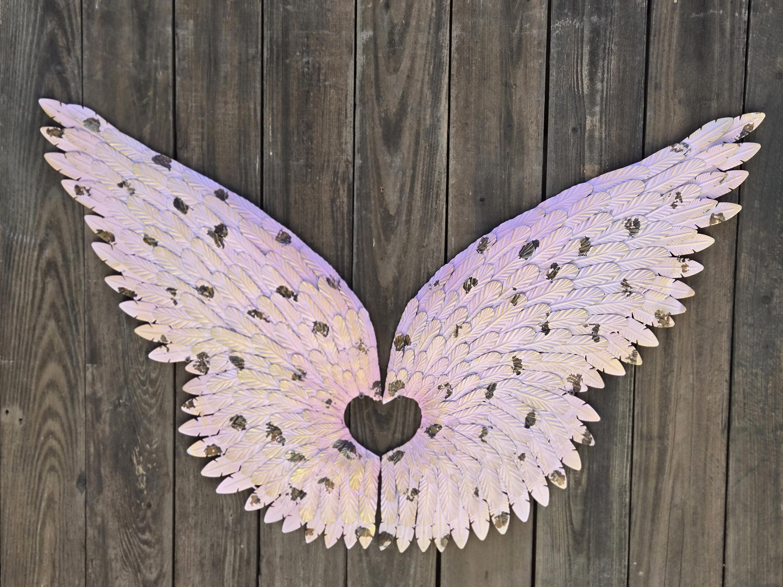 Pink Angel Wings Metal Wall Decor – Distressed Feather Sculpture for Garden Room
