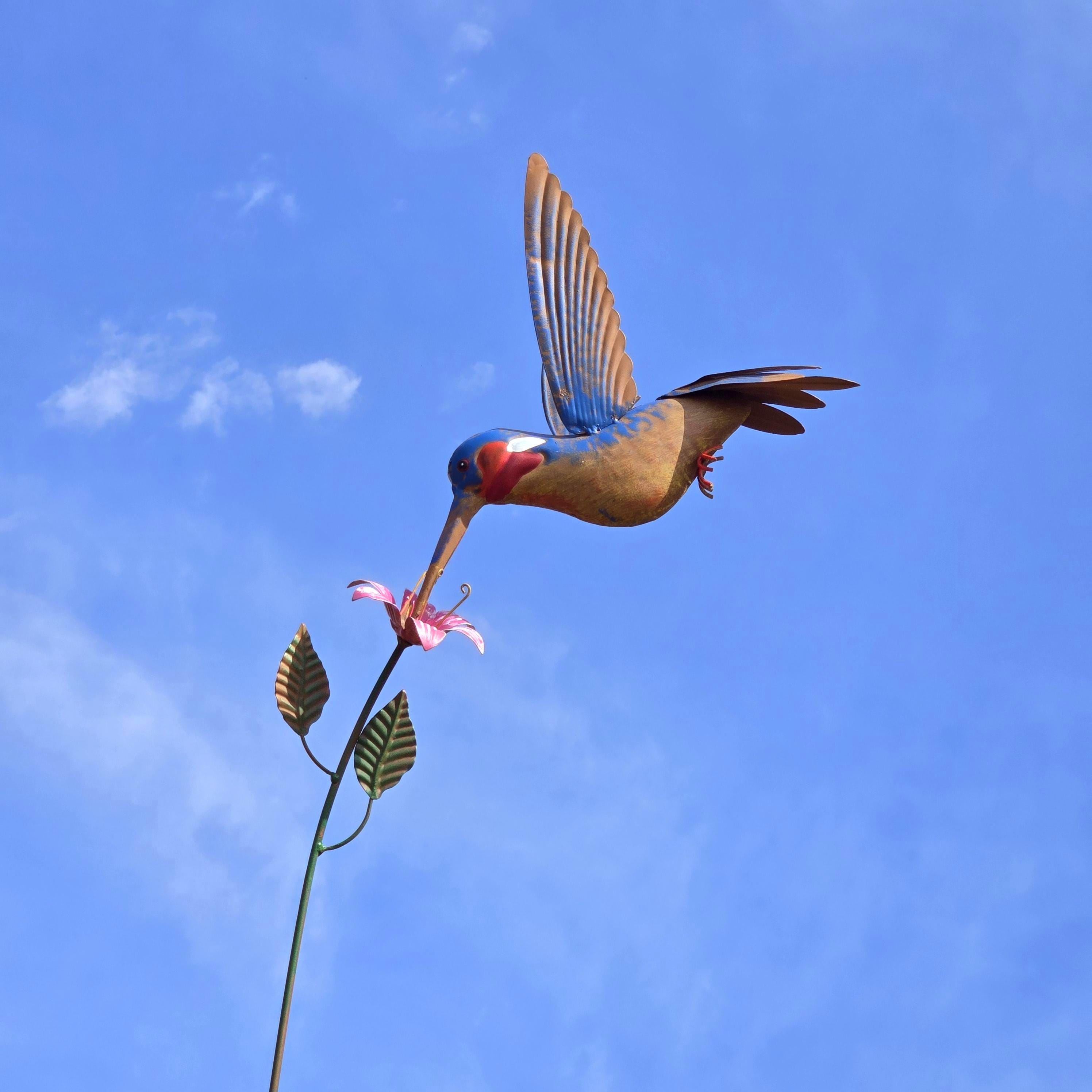 Kinetic Hummingbird Garden Art: 88" Hand-Painted Metal Sculpture