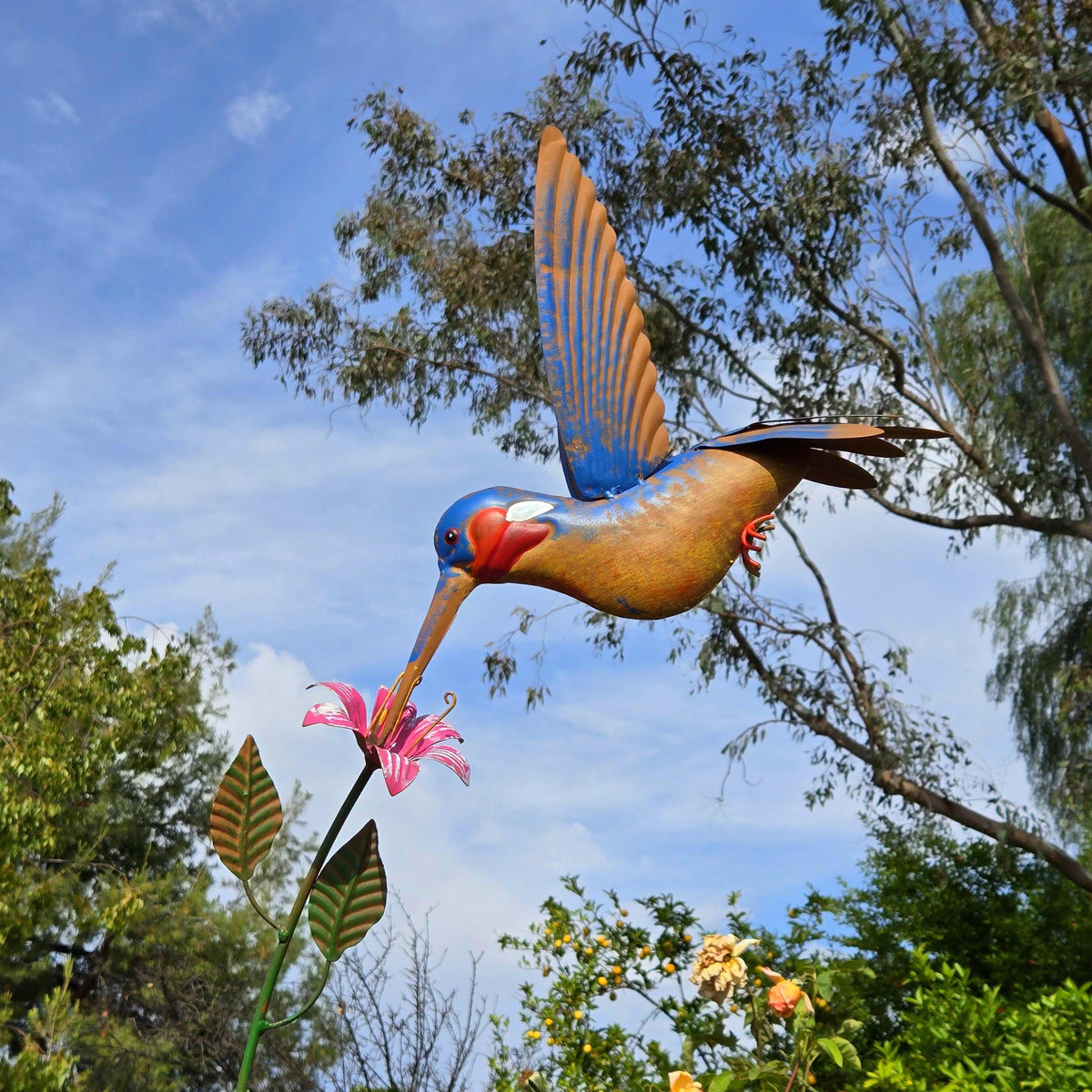 Kinetic Hummingbird Garden Art: 88" Hand-Painted Metal Sculpture