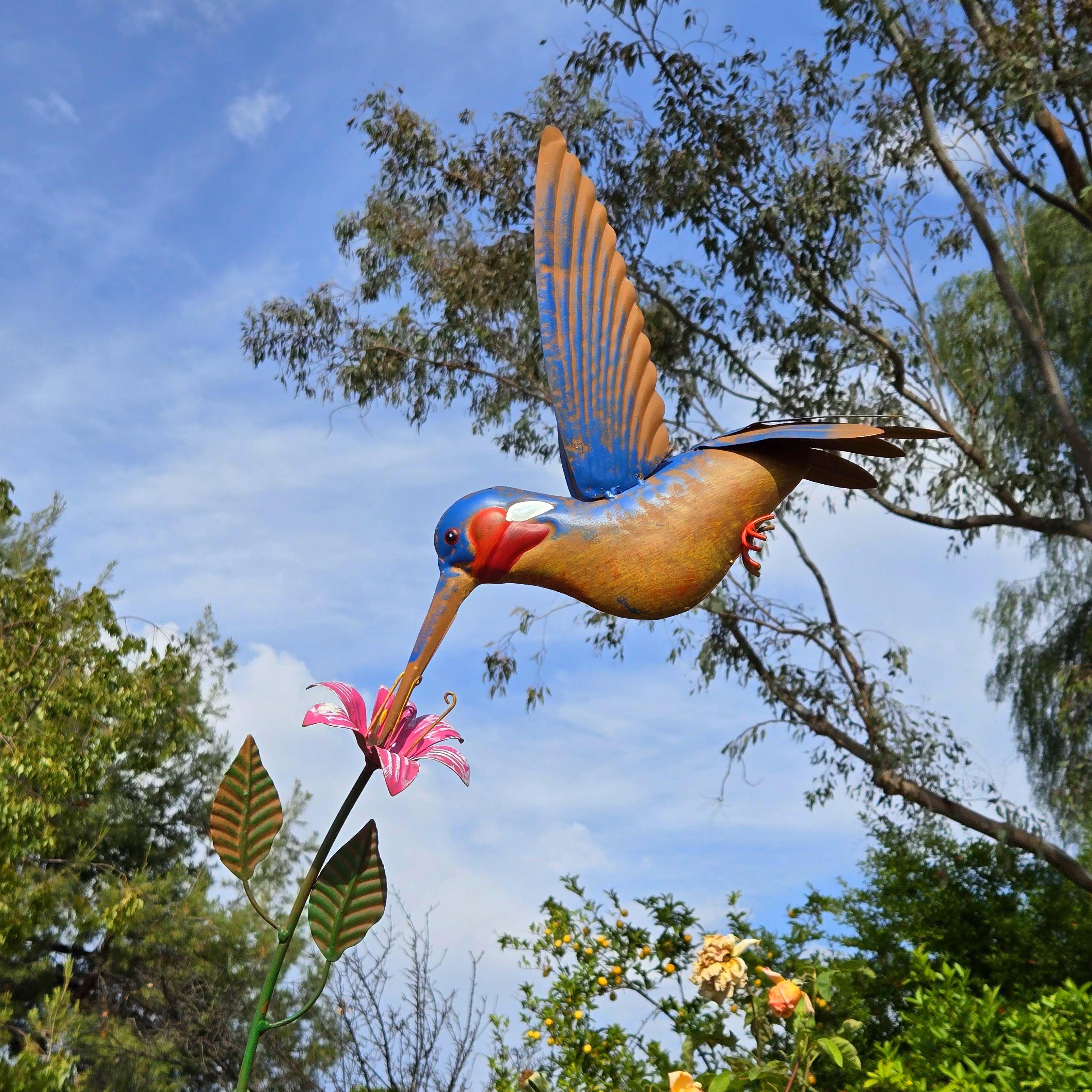 Kinetic Hummingbird Garden Art: 88" Hand-Painted Metal Sculpture
