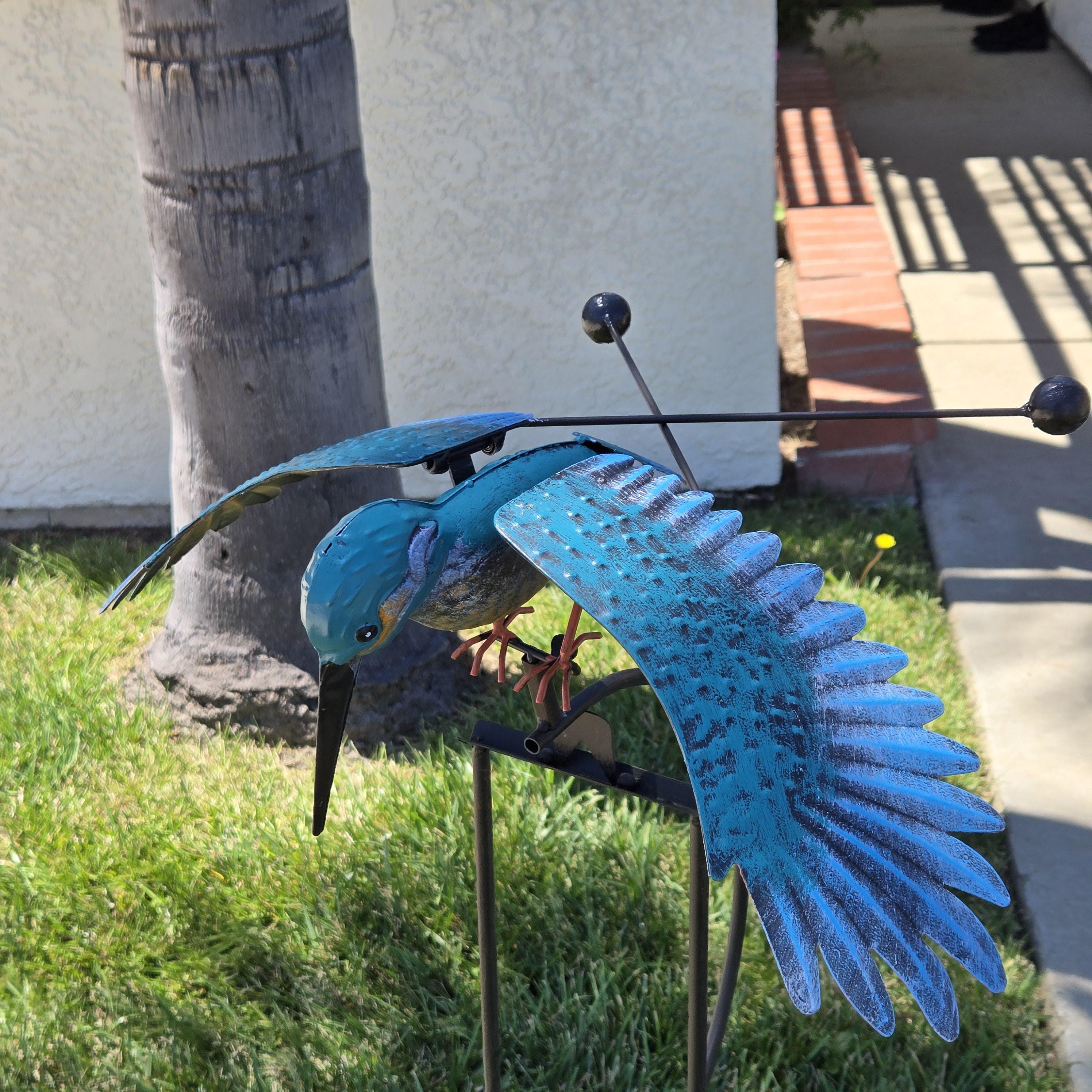 Metal Hummingbird Rocker Garden Ornament - Blue Pink Animal Balancing Stake Decoration