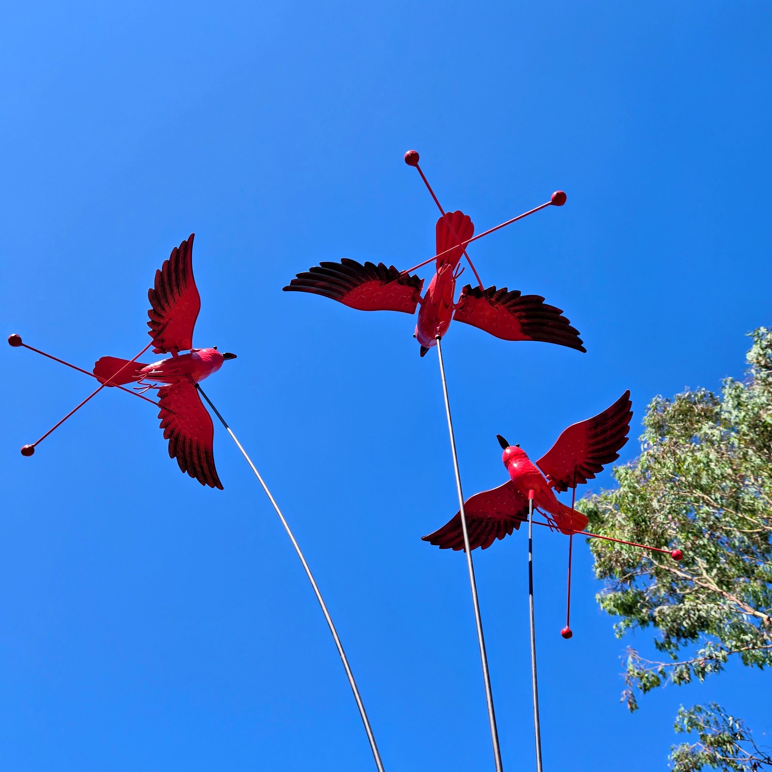 12ft Rustic Garden Stake with Swaying Cardinals: Kinetic Bird Decoration