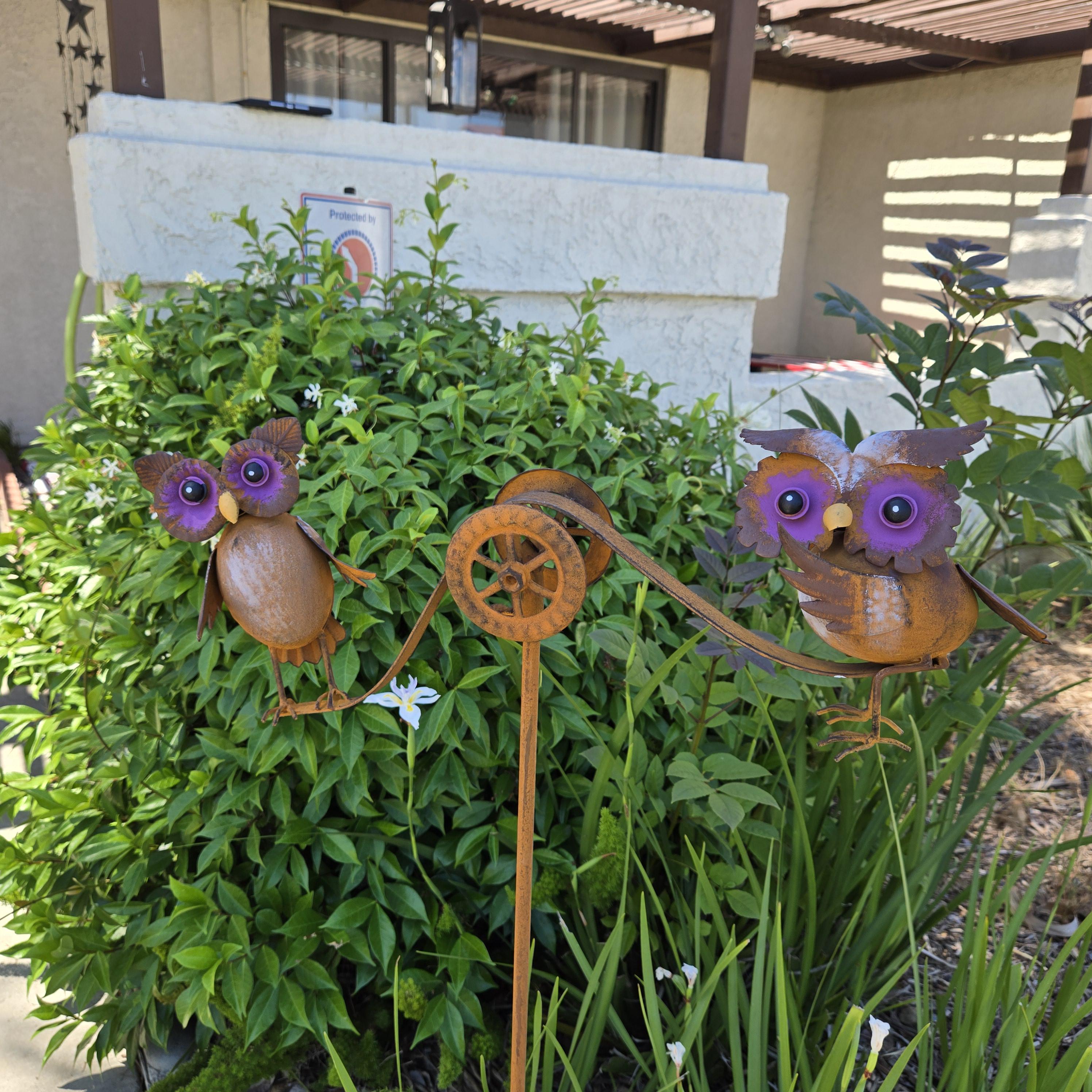 Rustic Metal Owl Wind Spinner: Double Owls Balancing Rocker Yard Stake Garden Art
